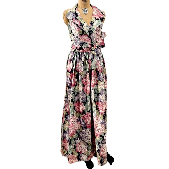 Vtg Floral Garden Dress Cold Sleeveless Maxi Dress Cottage Core Retro Sz 10
